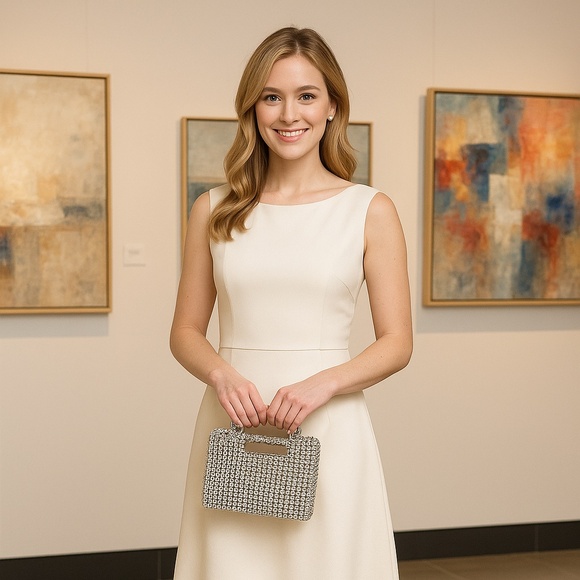 New With Tag — Hand-Beaded Silver Evening Shoulder Bag / Clutch - Picture 1 of 9